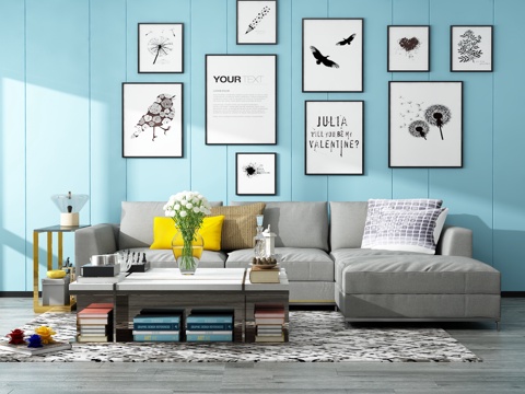  现代沙发茶几组合背景墙3d模型 