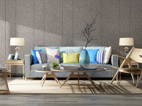  现代沙发茶几组合 背景墙3d模型 