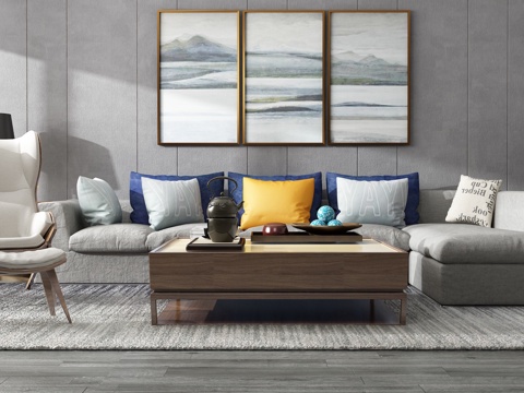  现代沙发茶几组合 背景墙3d模型 