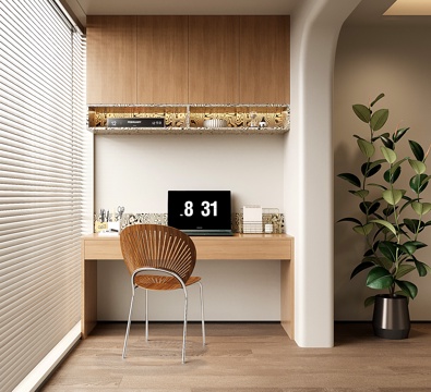 现代阳台书桌 书柜 书桌书柜一体柜su模型