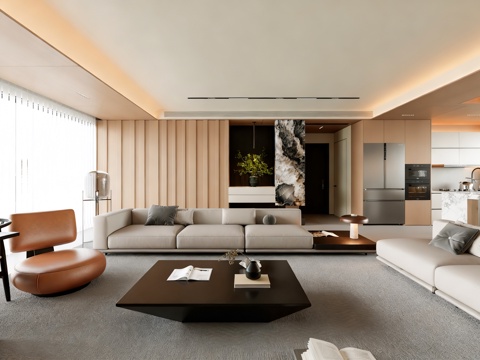  现代大平层客厅 沙发茶几组合 沙发背景墙3d模型 