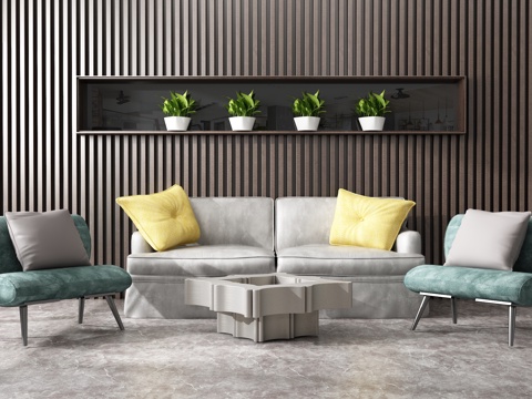  现代茶几组合 背景墙3d模型 