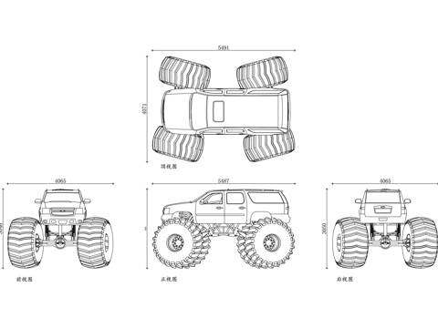大脚车 怪兽卡车 巨型轮胎越野车 大脚怪越野车 越野大脚车cad施工图cad施工图