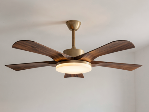 现代复古吸顶灯 风扇灯 胡桃木色吊扇灯 复古风扇灯su模型