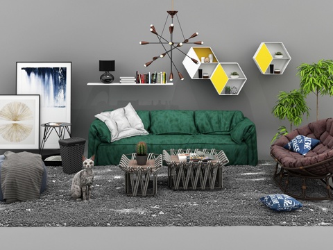  北欧沙发茶几金属吊灯组合3d模型 