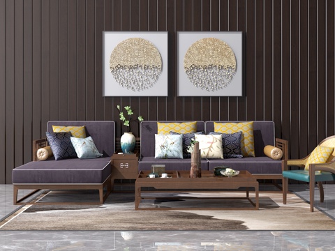  中式实木沙发茶几组合 中式装饰挂画3d模型 