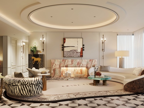  法式轻奢客厅 无主灯 茶台 弧形沙发 大平层 横厅3d模型 