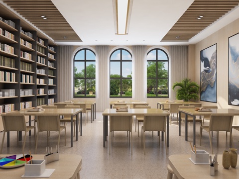  现代图书馆阅读室3d模型 