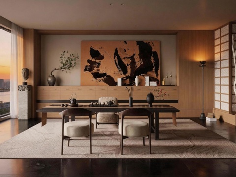 新中式茶室 茶台 休闲椅su模型