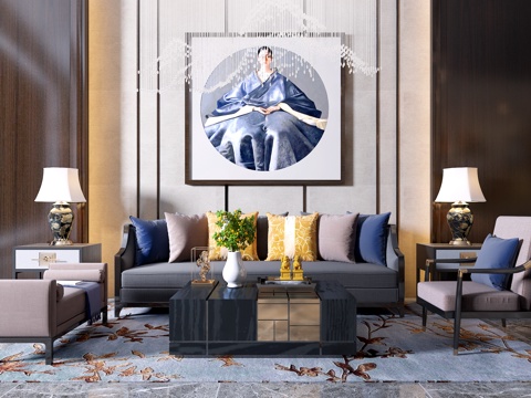  新中式布艺沙发组合 挂画 台灯 茶几3d模型 