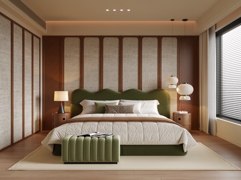 现代卧室 床头柜 床尾凳 双人床su模型