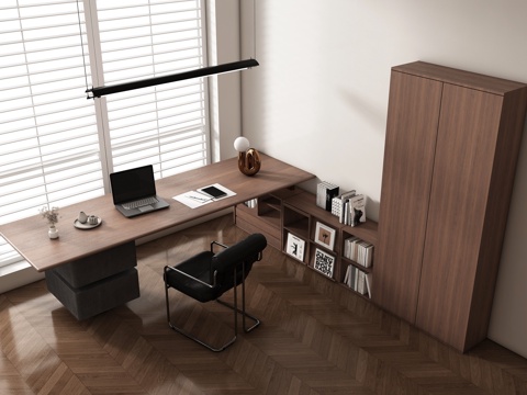  现代简约书桌椅 书桌  办公桌椅 摆件组合 书柜3d模型 