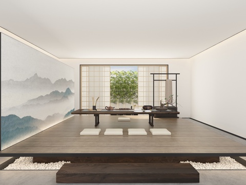  新中式茶室 茶席 茶几 茶桌 衣架3d模型 