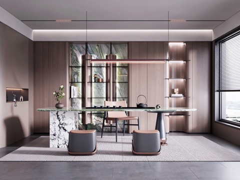  现代意式茶室 桌椅组合 边柜3d模型 