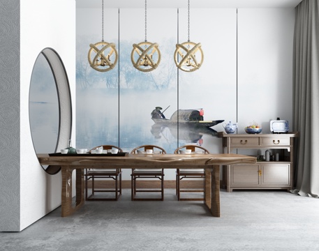  新中式禅意茶室 桌椅 吊灯3d模型 