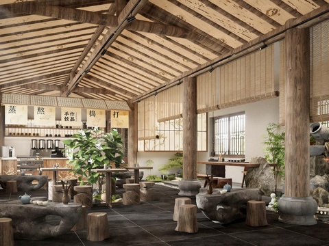 新中式中式茶餐厅 茶室  茶馆 茶桌椅组合 茶台su模型