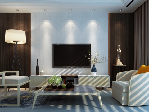 新中式客厅 沙发 茶几 吊灯 电视柜 边柜 挂画 组合3d模型