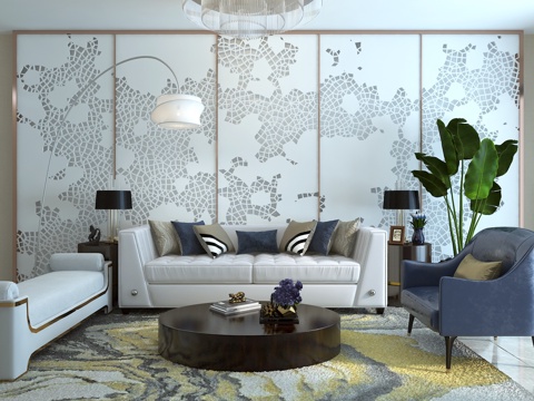  新中式现代客厅 沙发茶几组合  吊灯  挂画 组合 沙发3d模型 