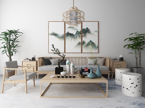  新中式沙发茶几装饰画吊灯地毯组合3d模型 