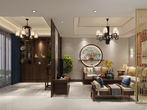  新中式品茶区 吊灯 沙发茶几3d模型 