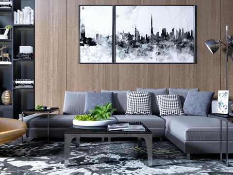  现代沙发组合 挂画 落地灯 装饰柜子3d模型 