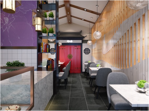  禅意中式茶餐厅 奶茶店3d模型 