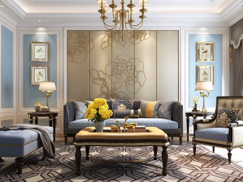  古典美式客厅 沙发茶几 吊灯3d模型 