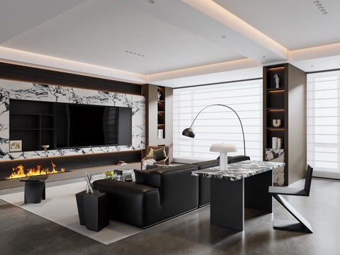  现代意式客厅 沙发茶几 电视背景墙 书桌椅 地毯3d模型 