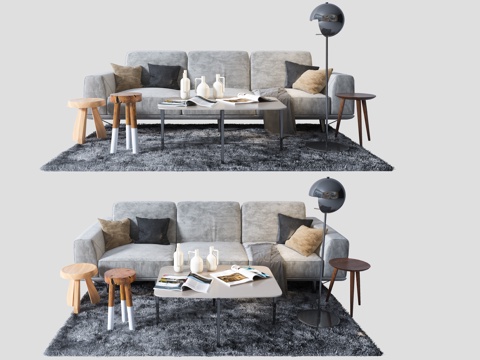  现代沙发实木凳子组合3d模型 