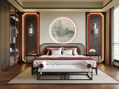 新中式卧室 双人床 床尾凳su模型