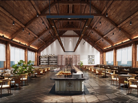  工业风自助餐厅 工业风餐桌3d模型 