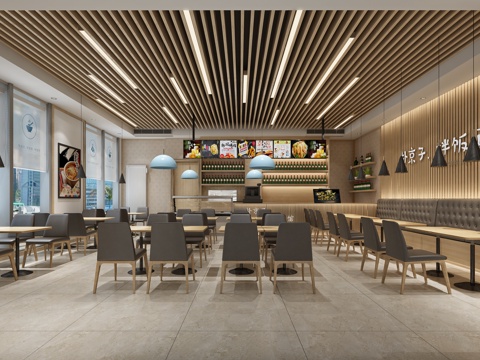  韩式餐厅 卡座 台灯 餐桌椅 木栅格 吊灯 饮料机3d模型 