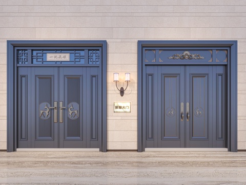  锌合金别墅大门 新中式仿铜门 四开玻璃大门 入户四开门3d模型 