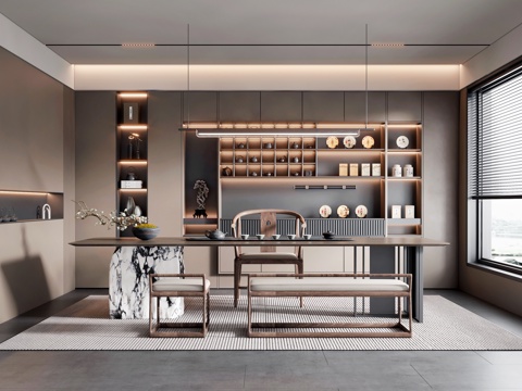  现代意式茶室 桌椅组合 边柜3d模型 