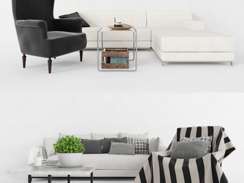  新中式沙发茶几组合 单人沙发 双人沙发 沙发 茶几 坐垫3d模型 