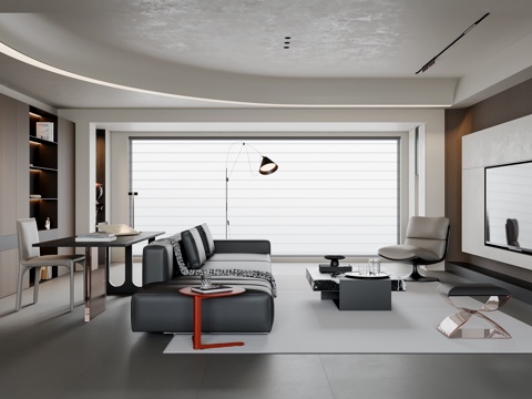  现代意式客厅 大平层 沙发茶几 电视背景墙 书桌椅 书柜3d模型 