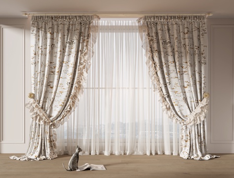  法式窗帘 碎花 复古 纱帘 中古 通用窗帘3d模型 