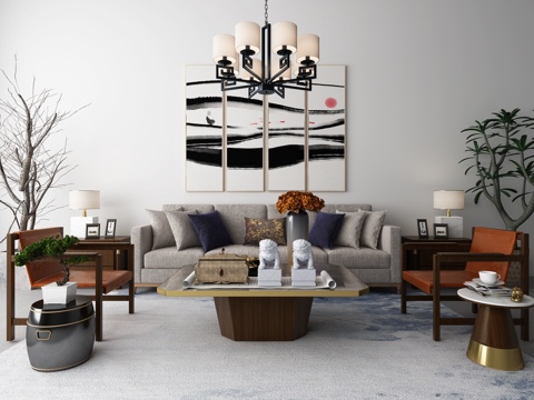  新中式沙发 茶几 装饰画 吊灯 地毯组合3d模型 