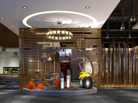  新中式火锅店 自助餐厅 吧台 前台 隔断3d模型 