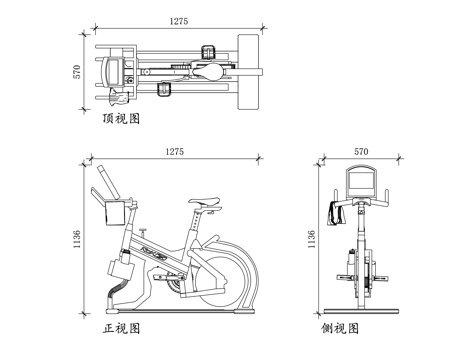 固定自行车 动感单车 室内健身车 自旋健身车 立式健身车cad施工图