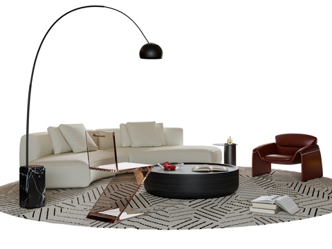  现代意式沙发茶几组合 弧形沙发 休闲椅 落地灯 地毯3d模型 