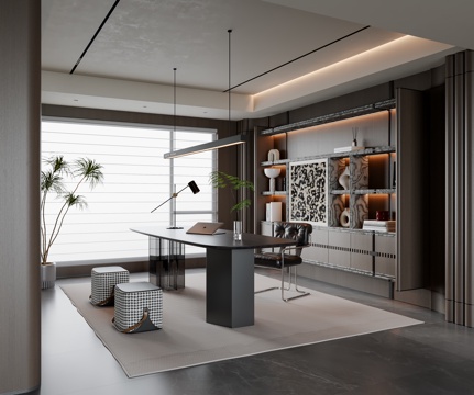 现代意式书房 书桌椅 吊灯 书柜 装饰柜 饰品摆件su模型