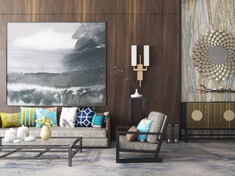  中式沙发 边柜组合3d模型 