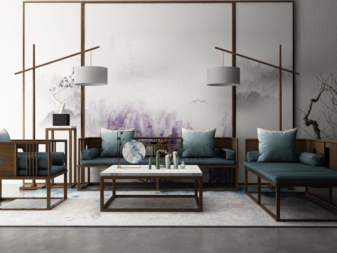  新中式沙发茶几落地灯组合3d模型 