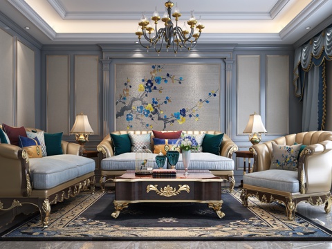  欧式古典客厅 沙发茶几 吊灯3d模型 