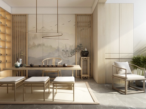  新中式茶室 书房 新中式茶室 茶桌3d模型 