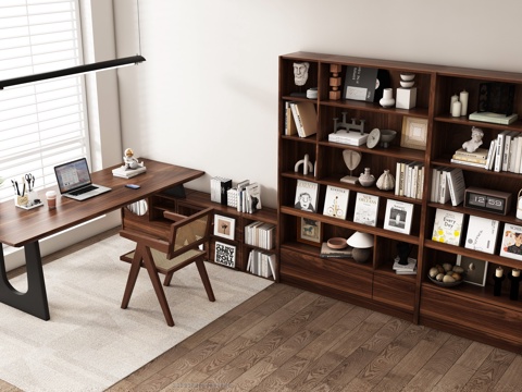  现代简约书桌椅 书桌  办公桌椅 摆件组合 书柜3d模型 