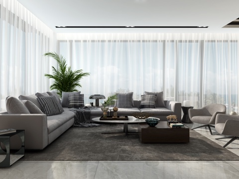  现代客厅多人转角沙发 茶几 角几3d模型 