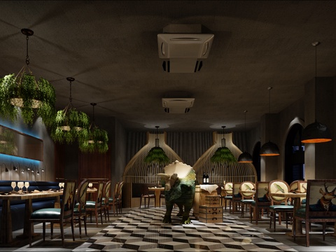  工业风火锅店 自助餐厅 卡座 户外餐厅3d模型 