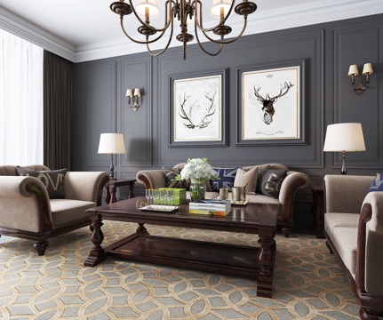  美式沙发组合 茶几 单人沙发 吊灯  台灯 挂画 壁灯3d模型 